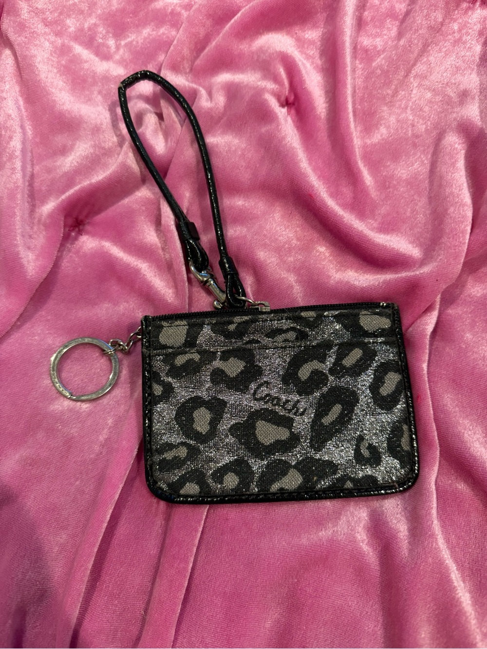 Coach Leopard Print Wristlet Card Case - Black and silver metalic